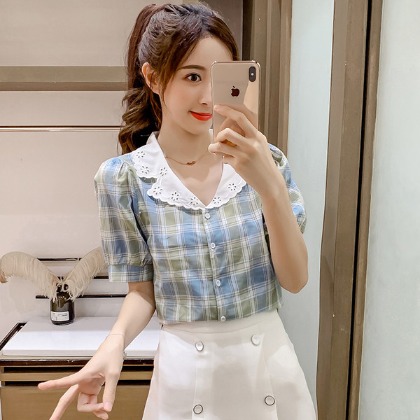 Карирана дамска риза ретро стил с копчета и къси ръкави