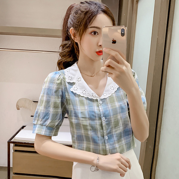 Карирана дамска риза ретро стил с копчета и къси ръкави