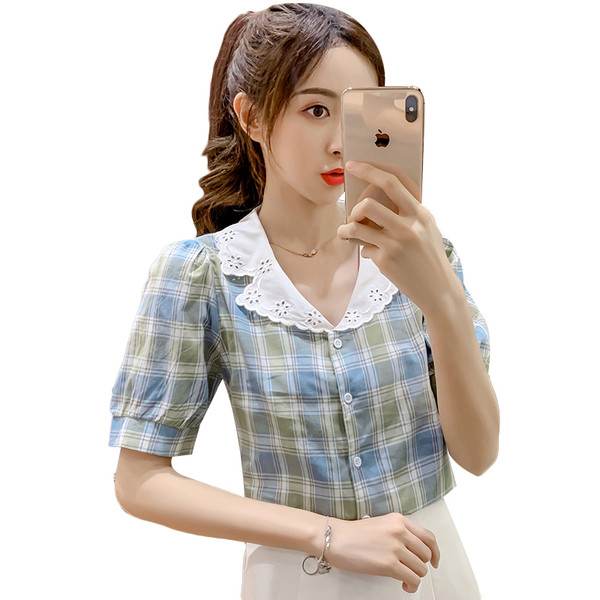 Карирана дамска риза ретро стил с копчета и къси ръкави