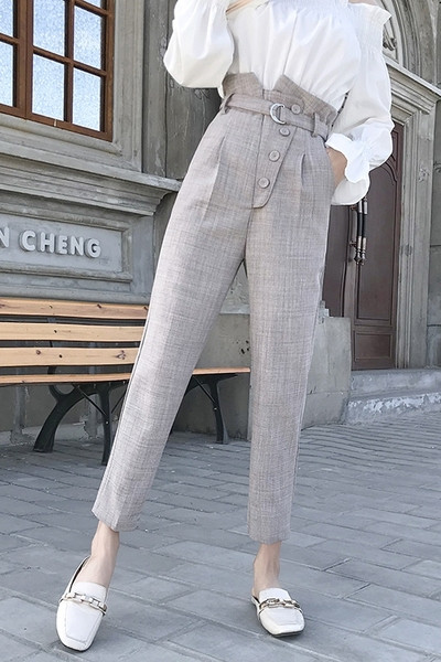 Proljetno-ljetne ženske hlače s visokim strukom, gumbima i remenom