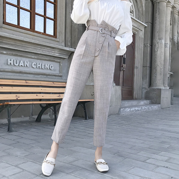 Proljetno-ljetne ženske hlače s visokim strukom, gumbima i remenom