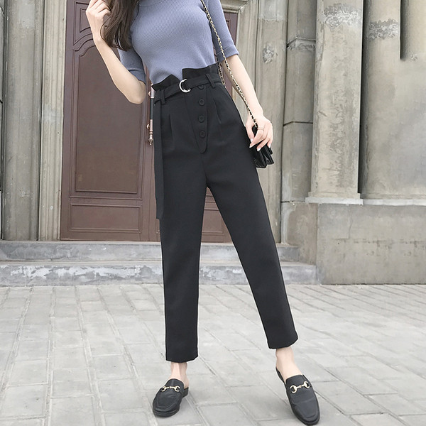 Proljetno-ljetne ženske hlače s visokim strukom, gumbima i remenom