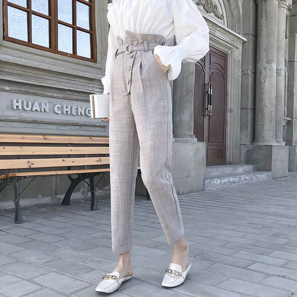 Proljetno-ljetne ženske hlače s visokim strukom, gumbima i remenom