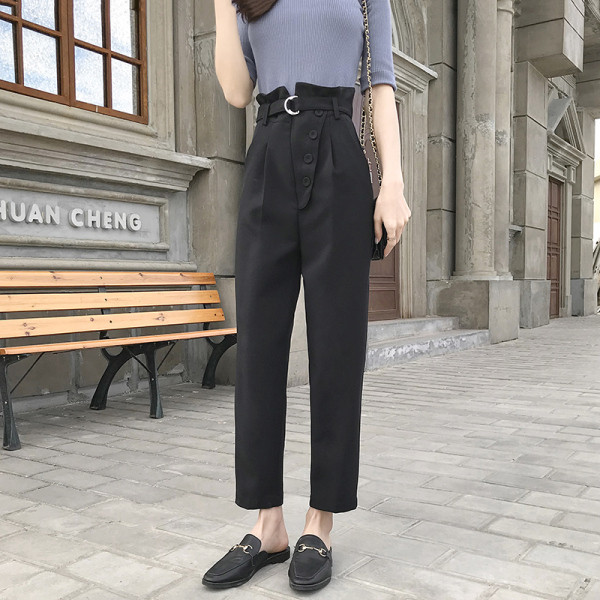 Proljetno-ljetne ženske hlače s visokim strukom, gumbima i remenom