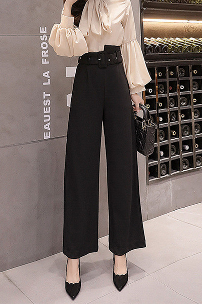 Crne ženske elegantne hlače s visokim strukom i remenom