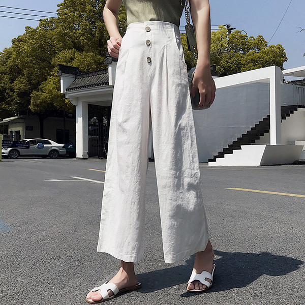 Široke ženske hlače s visokim strukom i gumbima - model 9/10