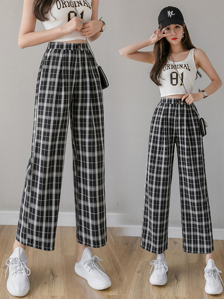 Karirane ženske hlače s visokim strukom