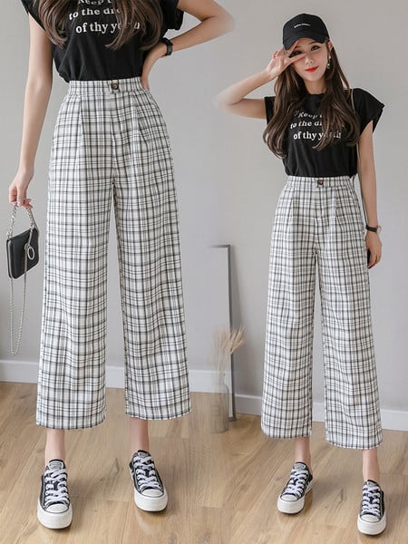 Karirane ženske hlače s visokim strukom