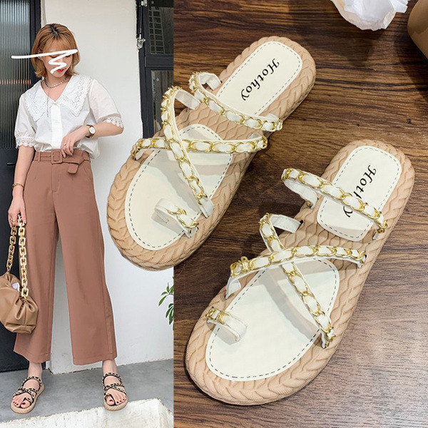 Ležerne ženske papuče s ravnim potplatom i metalnim lancima