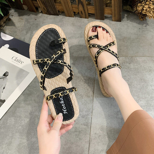 Ležerne ženske papuče s ravnim potplatom i metalnim lancima