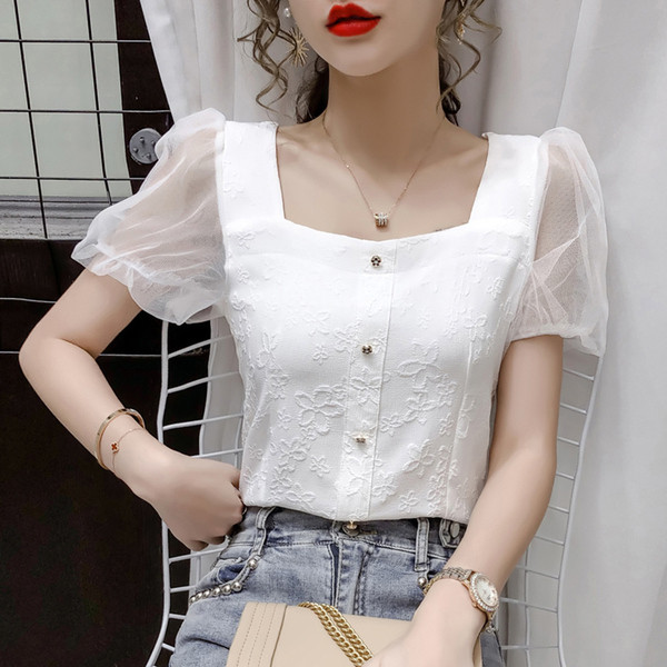 Moderna ženska košulja s rukavima od tila i četvrtastim izrezom