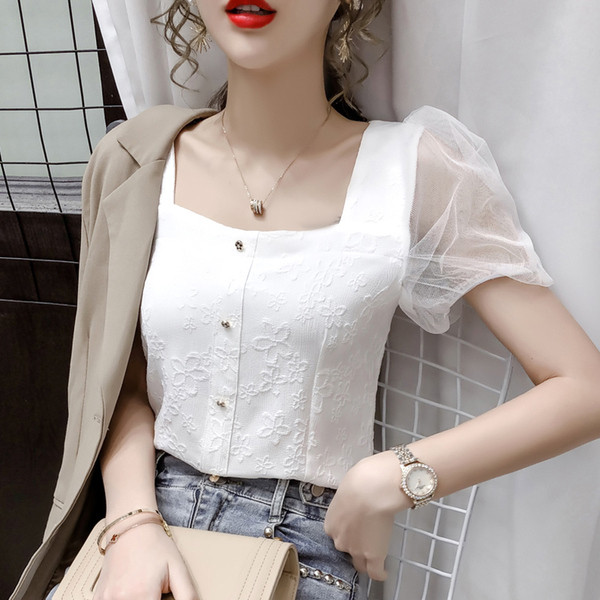 Moderna ženska košulja s rukavima od tila i četvrtastim izrezom