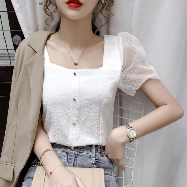 Moderna ženska košulja s rukavima od tila i četvrtastim izrezom