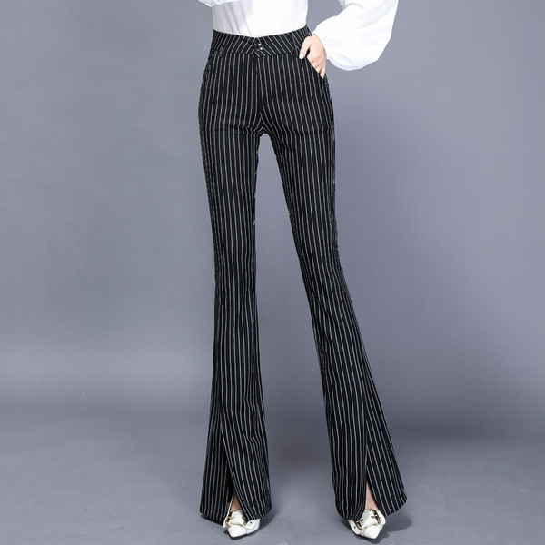 Csíkos női nadrág magas derékkal, hasítékkal