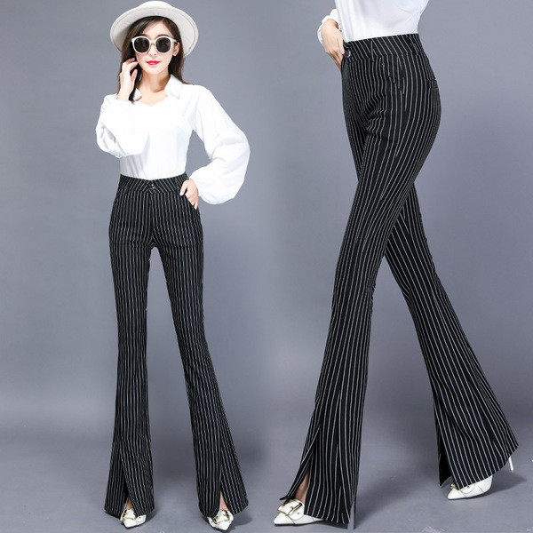 Csíkos női nadrág magas derékkal, hasítékkal