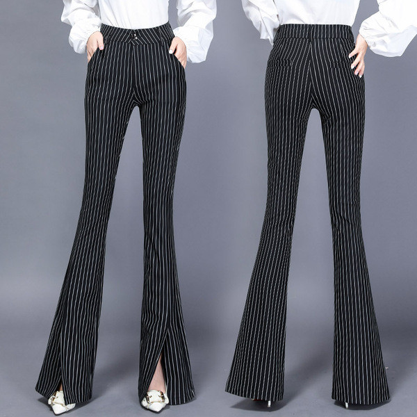 Csíkos női nadrág magas derékkal, hasítékkal