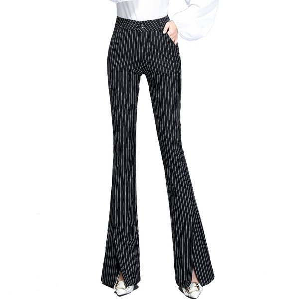 Csíkos női nadrág magas derékkal, hasítékkal