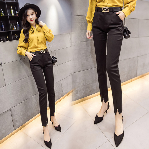 Modern női nadrág magas derékkal és hasítékkal