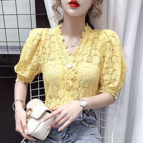 Női csipke ing V-nyakkal és gombokkal