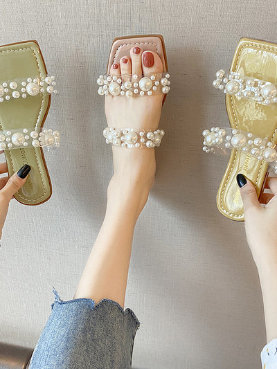 Модерни дамски чехли със силиконови каишки и перли