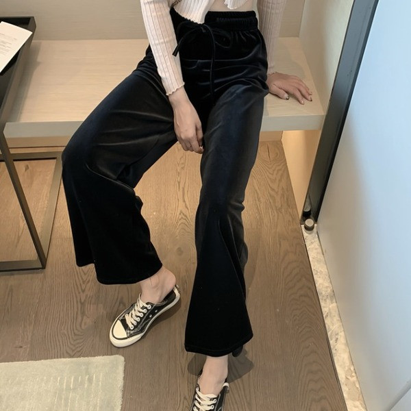 Széles női bársony nadrág magas derékkal