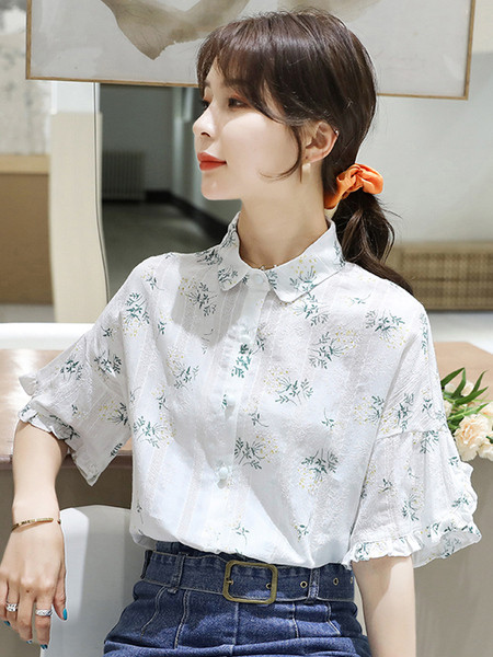 Sieviešu šifona krekls ar pogām un izšuvumiem