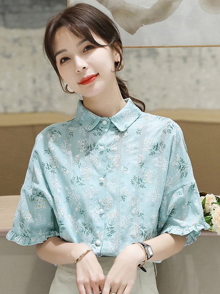 Sieviešu šifona krekls ar pogām un izšuvumiem