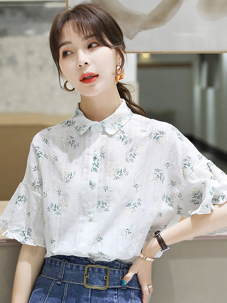 Sieviešu šifona krekls ar pogām un izšuvumiem