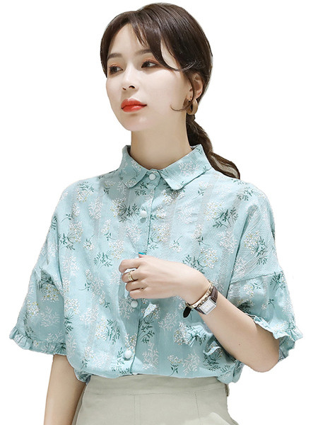 Sieviešu šifona krekls ar pogām un izšuvumiem