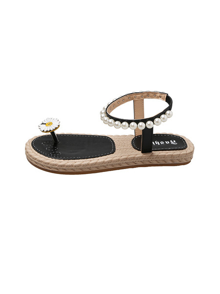 Modern női szandál gyöngyökkel és fém virággal