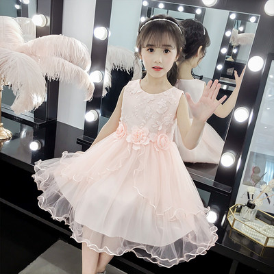 Лятна детска рокля с овално деколте, тюл и 3D цветя 