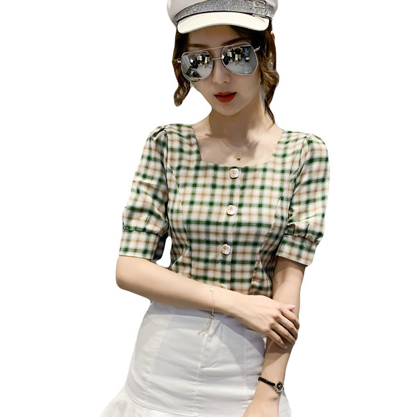 Rūtains sieviešu krekls ar kvadrātveida kakla izgriezumu un pogām