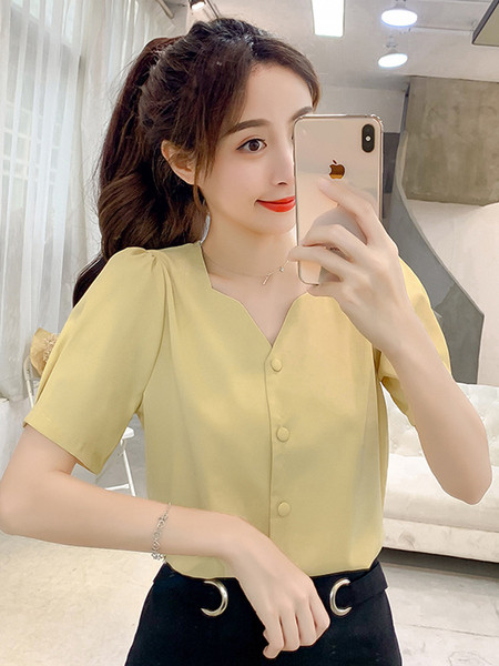 Női sifon ing V-nyakú és rövid ujjú