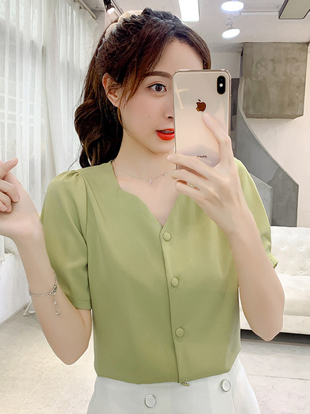 Női sifon ing V-nyakú és rövid ujjú