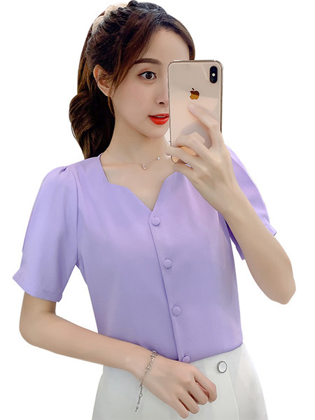 Női sifon ing V-nyakú és rövid ujjú