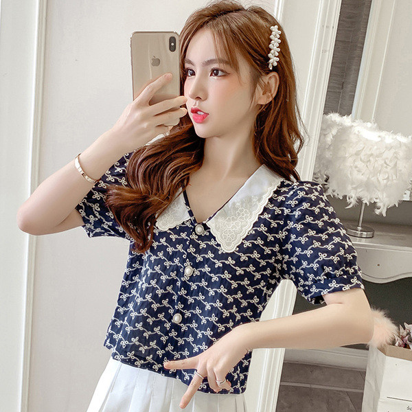 Retro stílusú női ing rövid ujjú, spitz nyakkivágással