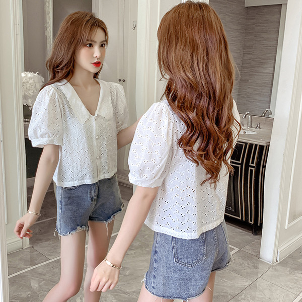 Retro stílusú női ing rövid ujjú, spitz nyakkivágással