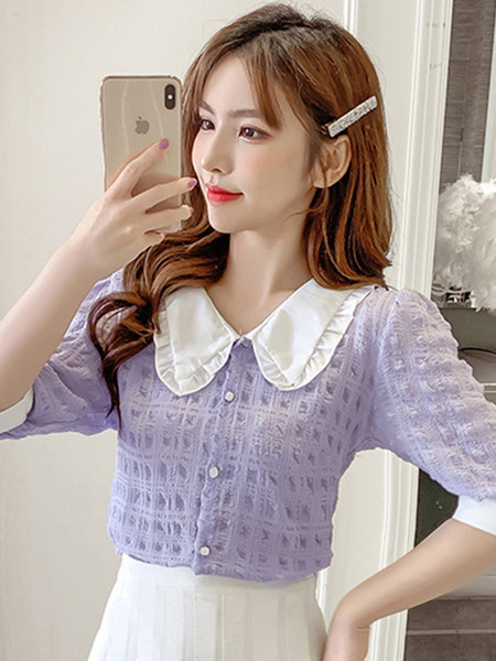 Retro stílusú női ing 3/4-es ujjal és spitz nyakkivágással