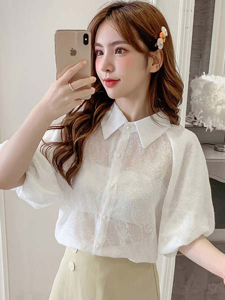 Női sifon ing klasszikus gallérral és széles ujjakkal