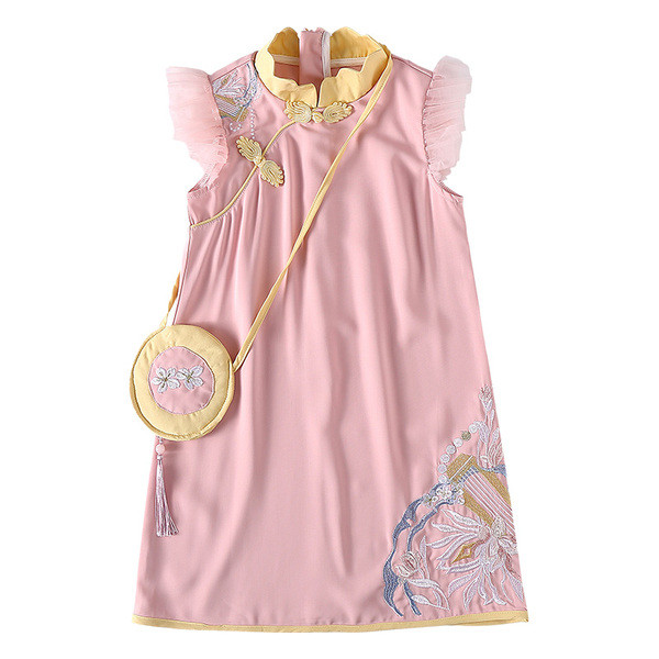 Alkalmi gyerekruha alacsony gallérral, hímzéssel, tüll ujjakkal