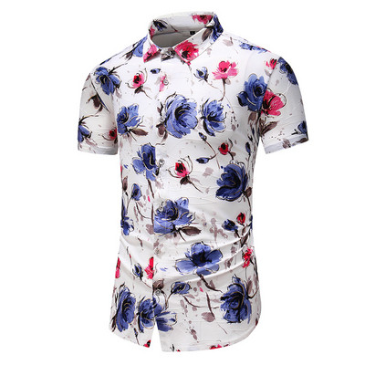 Vasaras vīriešu krekla modelis ar īsām piedurknēm un ziedu rakstu