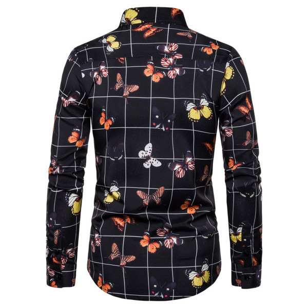 Moderns vīriešu krekls ar garām piedurknēm un krāsainu rakstu ar tauriņiem