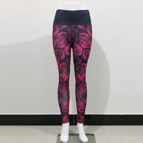 Női leggings magas derékkal és rózsamintával