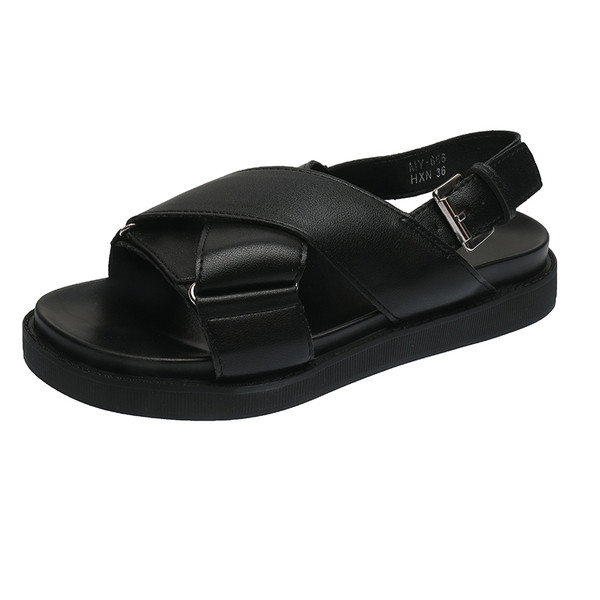 Melnas sieviešu mākslīgās ādas sandales ar krusteniskām siksnām