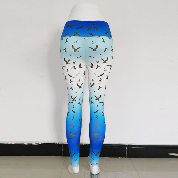 Sinised kõrge vöökoha ja linnutrükiga naiste retuusid