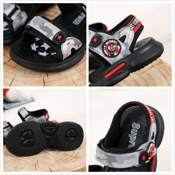 Mūsdienīgas bērnu sandales ar kamuflāžas rakstu un ielāpiem