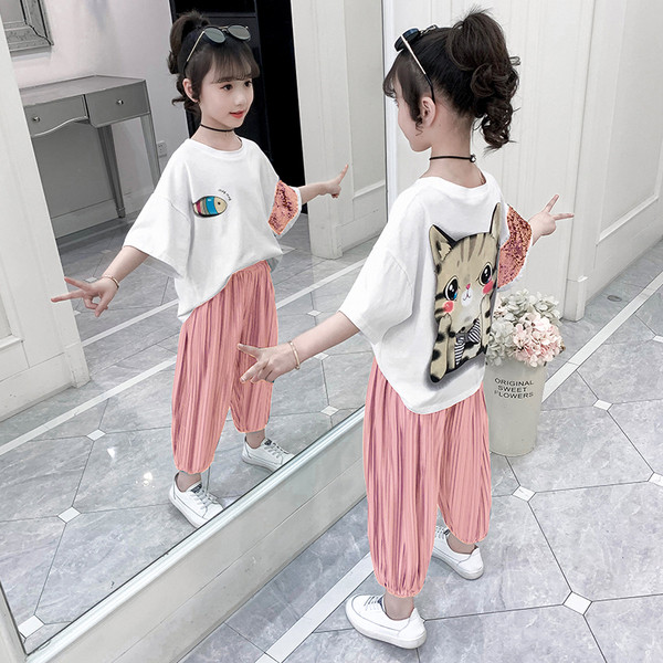 Gyerek modern szett lányoknak rövid ujjal és flitterekkel