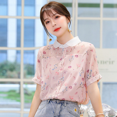 Virágos motívumokkal és rövid ujjú női sifon ing