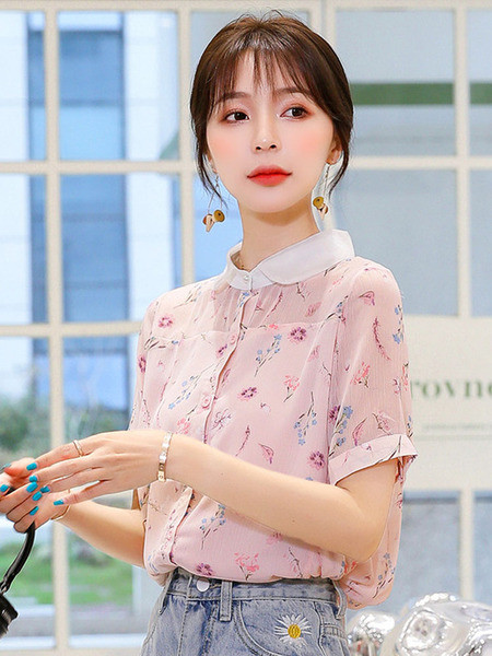 Virágos motívumokkal és rövid ujjú női sifon ing