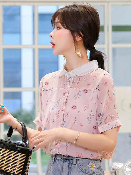 Virágos motívumokkal és rövid ujjú női sifon ing